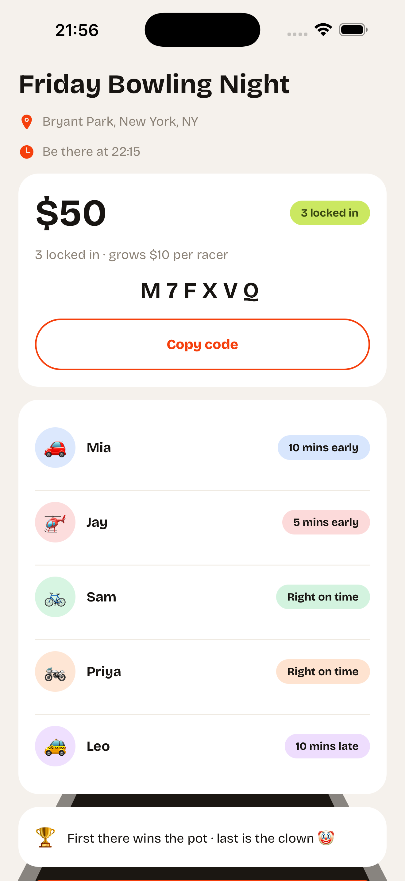 OnTime event screen showing everyone who has joined