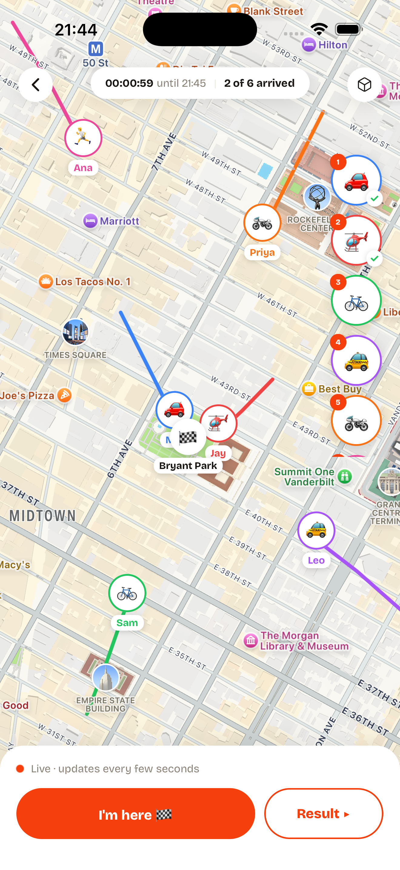 OnTime live map with each person’s position and trail